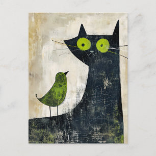 Cartão Postal Gato Negro com Pássaro Verde na Parte Traseira