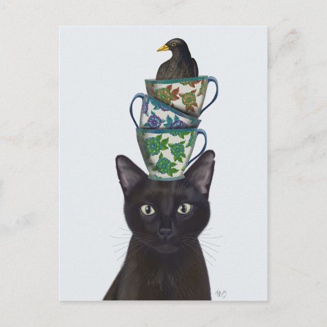 Cartão Postal Gato Negro com Teacups e Blackbird (Frente)