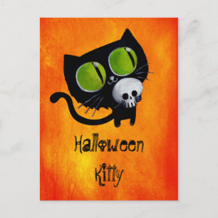 Cartão Postal Gato Negro de Halloween com crânio