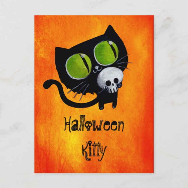 Cartão Postal Gato Negro de Halloween com crânio (Frente)