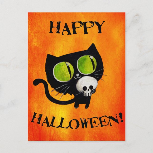Cartão Postal Gato Negro de Halloween com crânio (Frente)