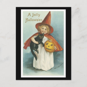 Cartão Postal Gato Negro e Bruxa do Halloween