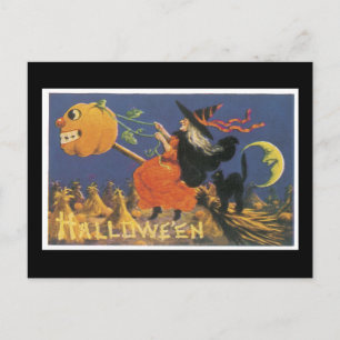 Cartão Postal Gato Negro e Bruxa do Halloween