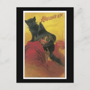 Cartão Postal Gato Negro e Bruxa do Halloween