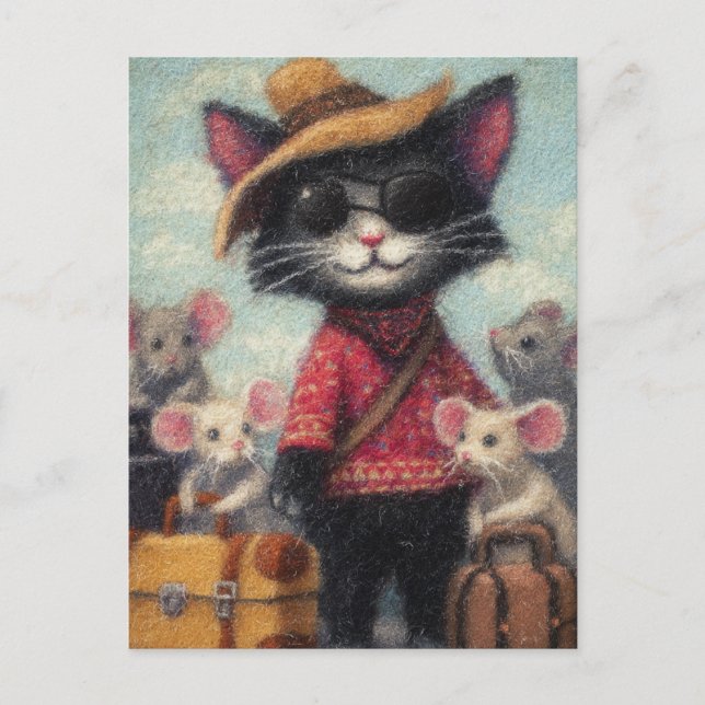 Cartão Postal Gato Negro e Camundongos de Férias (Frente)