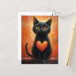 Cartão Postal Gato Negro e Coração