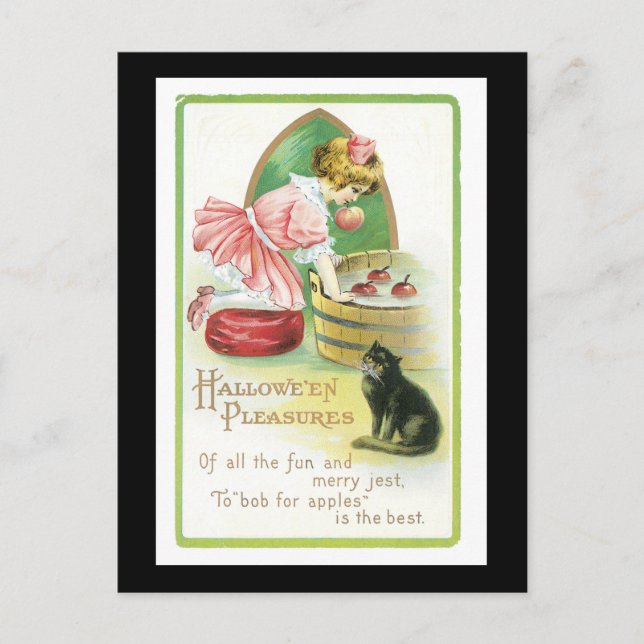 Cartão Postal Gato Negro e Rapariga do Halloween (Frente)