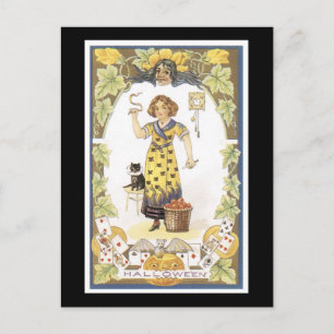 Cartão Postal Gato Negro e Rapariga do Halloween