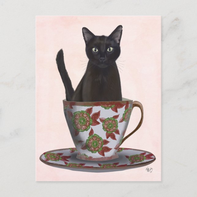 Cartão Postal Gato Negro em Teacup (Frente)