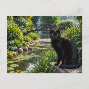 Cartão Postal Gato Negro em um Jardim