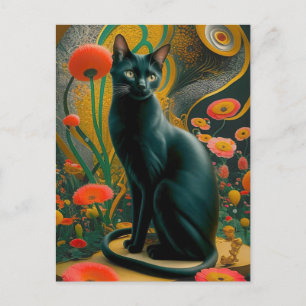 Cartão Postal Gato Negro Gustav Klimt em um Jardim Flor, Arte Ga