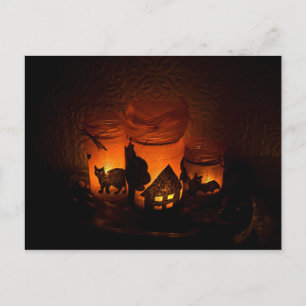 Cartão Postal Gato Negro Halloween com Luminários e Morcegos