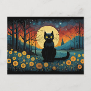 Cartão Postal Gato Negro Halloween Na Lua Cheia
