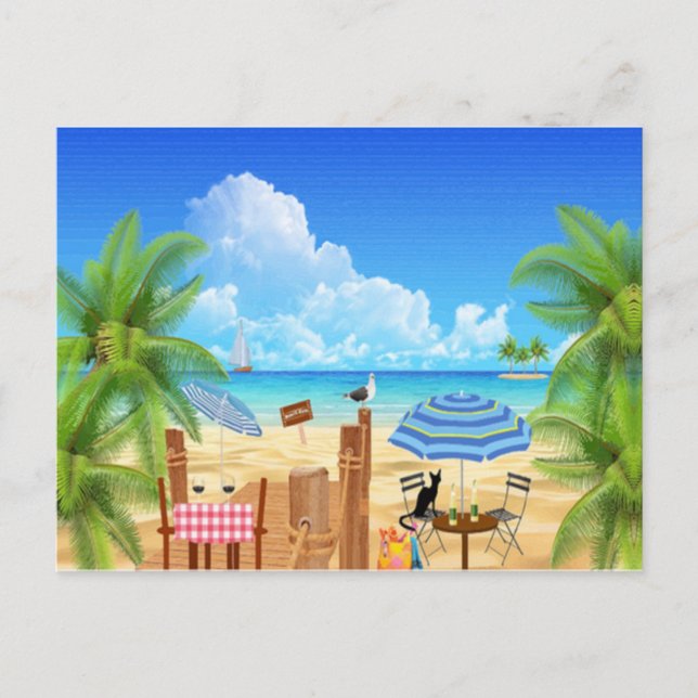 Cartão Postal Gato Negro Na Praia (Frente)