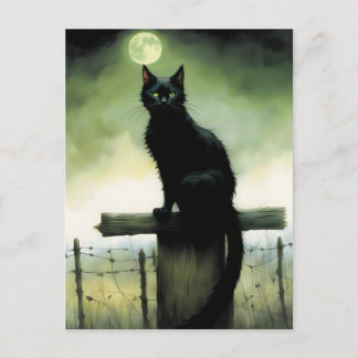 Cartão Postal Gato Negro, Olhos Verdes e Lua Brilhante
