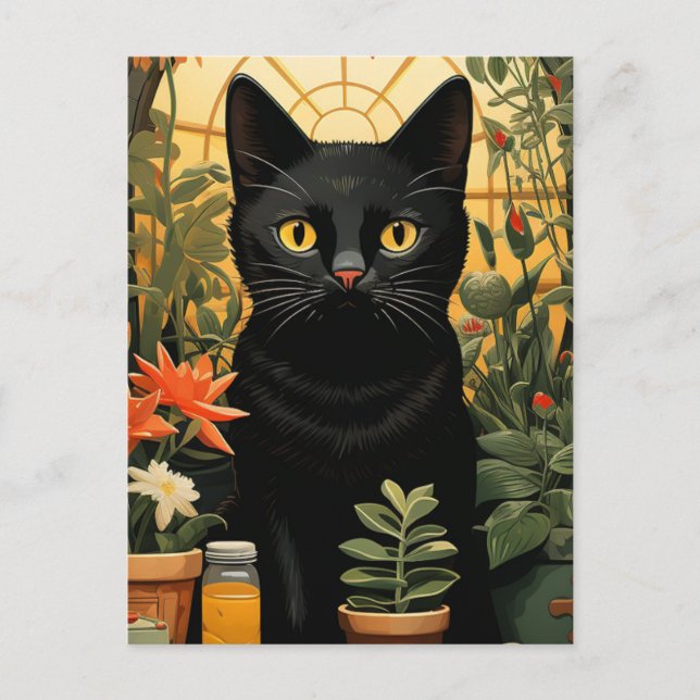 Cartão Postal Gato Negro - Vida Estática Possui Pintura em Flore (Frente)
