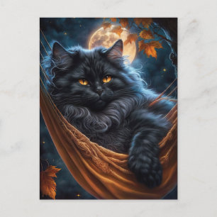 Cartão Postal Gato Negro Whimsical debaixo da Lua de Halloween