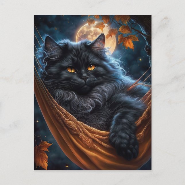 Cartão Postal Gato Negro Whimsical debaixo da Lua de Halloween (Frente)