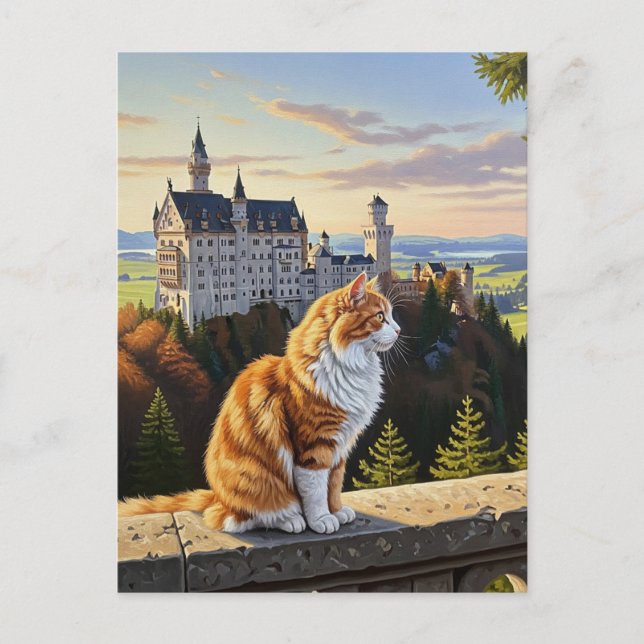 Cartão Postal Gato no Castelo de Neuschwanstein na Alemanha Viag (Frente)
