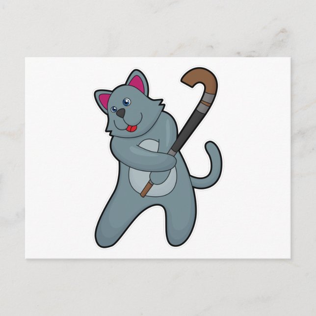 Cartão Postal Gato no Hockey com Taco de Hóquei (Frente)