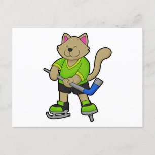 Cartão Postal Gato no hóquei no gelo com taco de hóquei no gelo