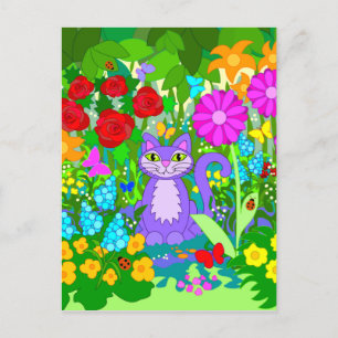 Cartão Postal Gato no Jardim Fantasia Flores Borboletas Joaninha