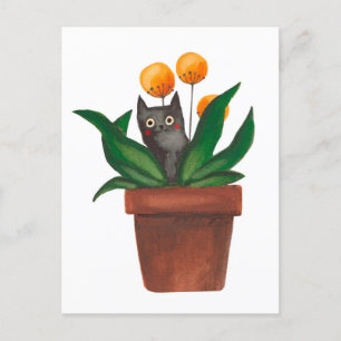 Cartão Postal Gato no pote de flores
