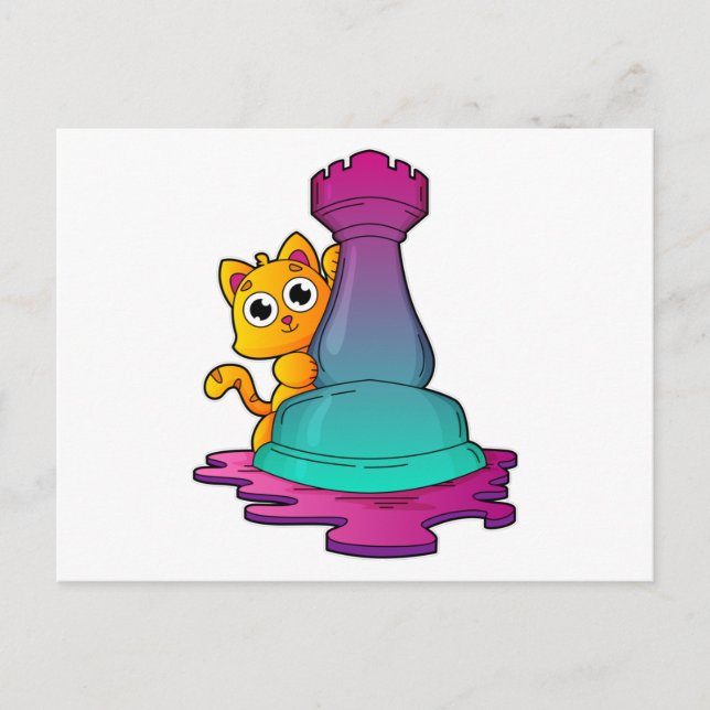 Cartão Postal Gato no Xadrez com peça Torre (Frente)