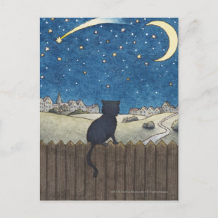 Cartão Postal Gato numa cerca a olhar para o céu noturno acima