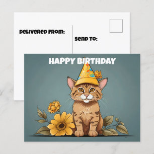 Cartão Postal Gato Ouro asiático vestindo chapéu de aniversário
