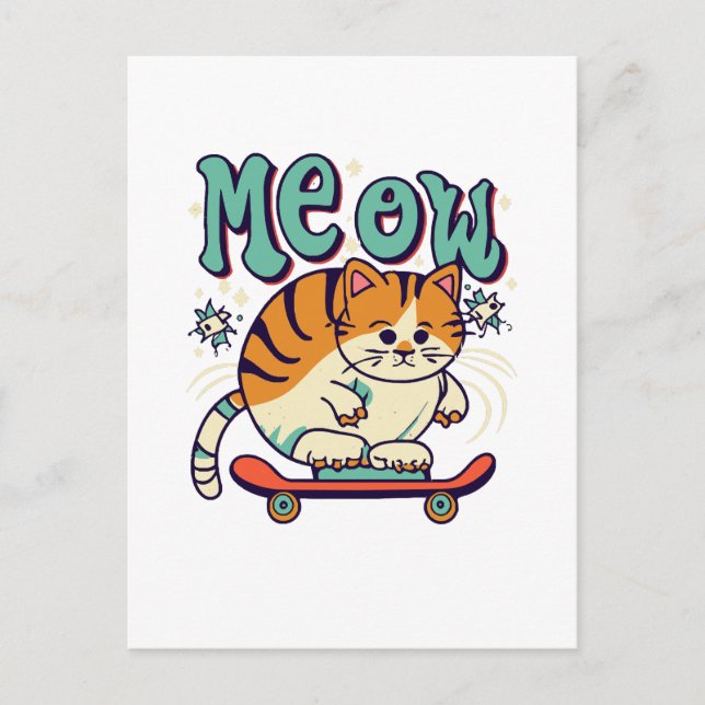 Cartão Postal Gato Patinando Meow (Frente)