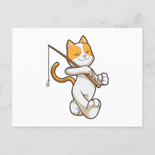 Cartão Postal Gato pescando com vara de pescar