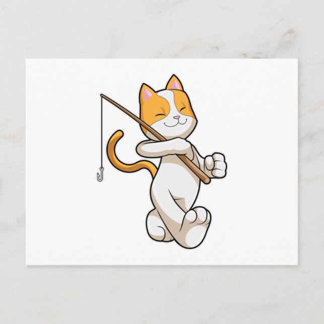 Cartão Postal Gato pescando com vara de pescar (Frente)