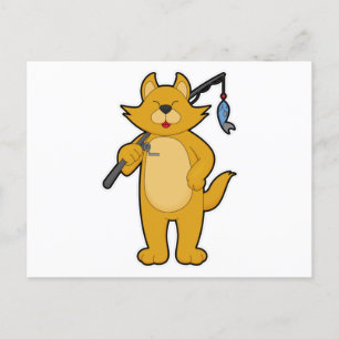 Cartão Postal Gato pescando com vara de pescar & Peixe