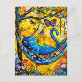 Cartão Postal Gato Pintado em Hammock Sob Árvore com borboleta