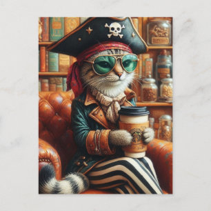 Cartão Postal Gato Pirata Adorável com Café