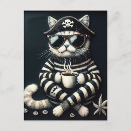 Cartão Postal Gato Pirata Adorável Com um Café