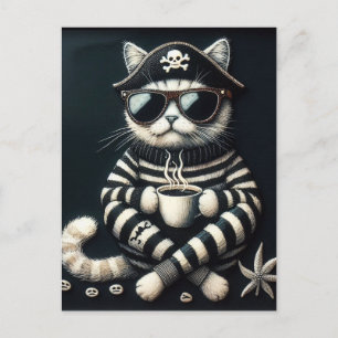 Cartão Postal Gato Pirata Adorável Com um Café