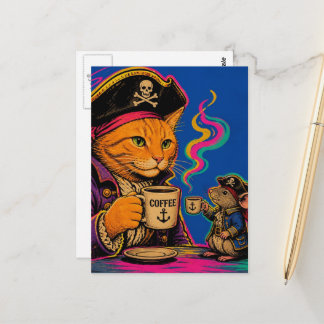 Cartão Postal Gato Pirata Adorável e Rato Com Café