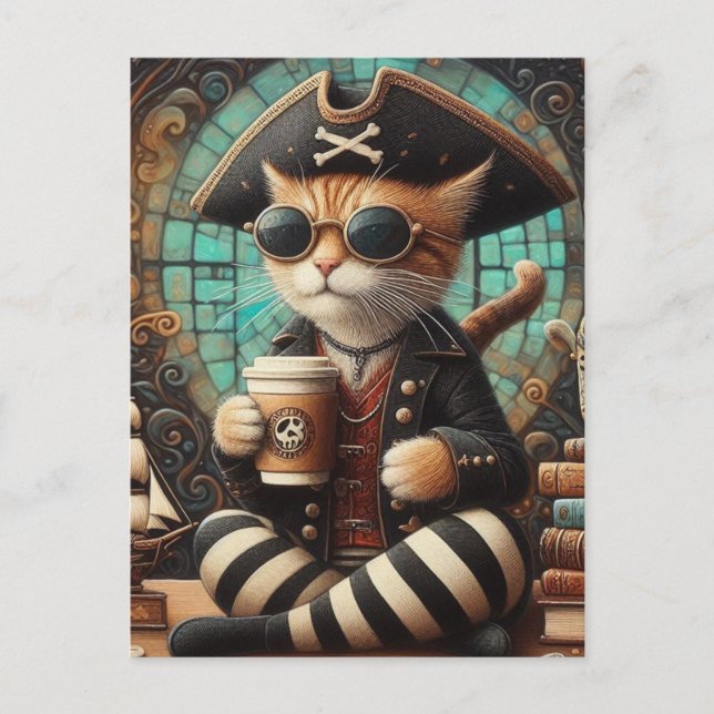 Cartão Postal Gato Pirata Bonito com Café (Frente)
