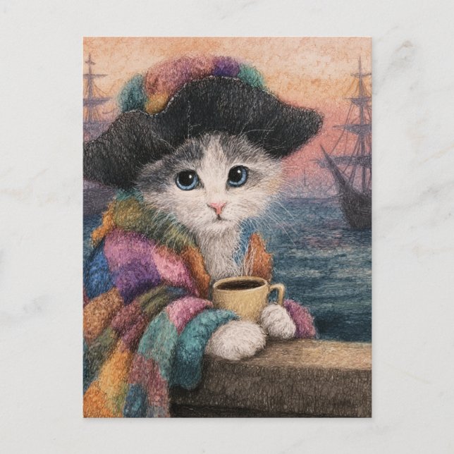 Cartão Postal Gato Pirata Com Café (Frente)