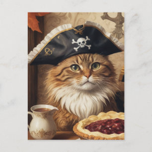 Cartão Postal Gato Pirata De Ação De Graças Com Pizza