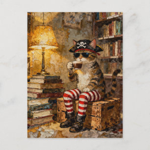 Cartão Postal Gato Pirata Desfruta de um Café