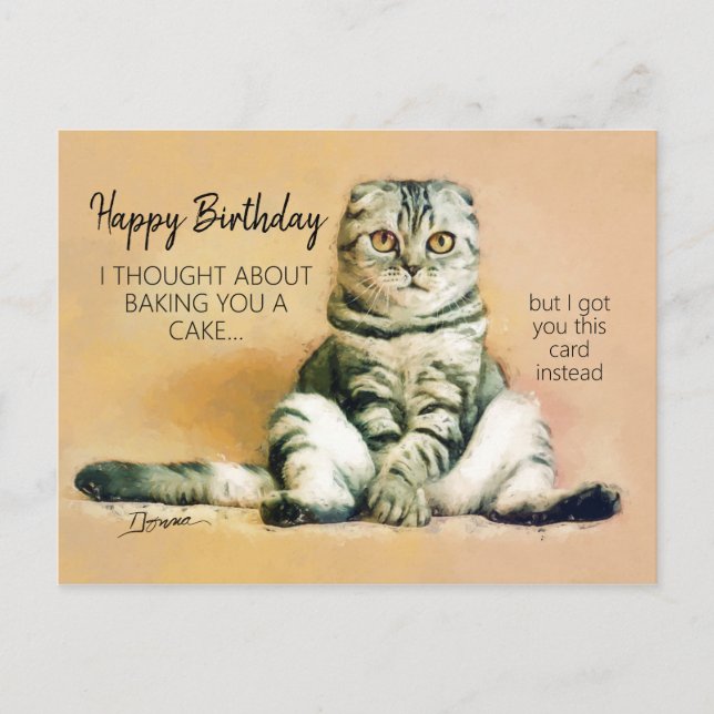 Cartão Postal Gato Preguiçoso Engraçado Feliz Aniversário (Frente)