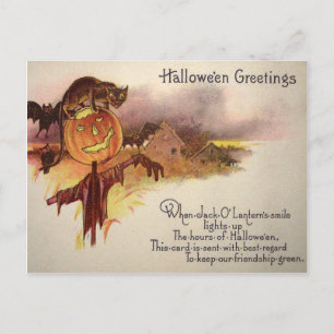 Cartão Postal Gato Preto Abóbora de Jack O' Lantern Morcego Coru