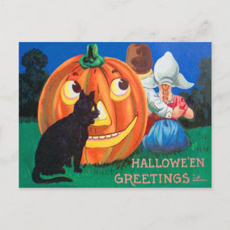 Cartão Postal Gato Preto Abóbora Lanterna das Crianças