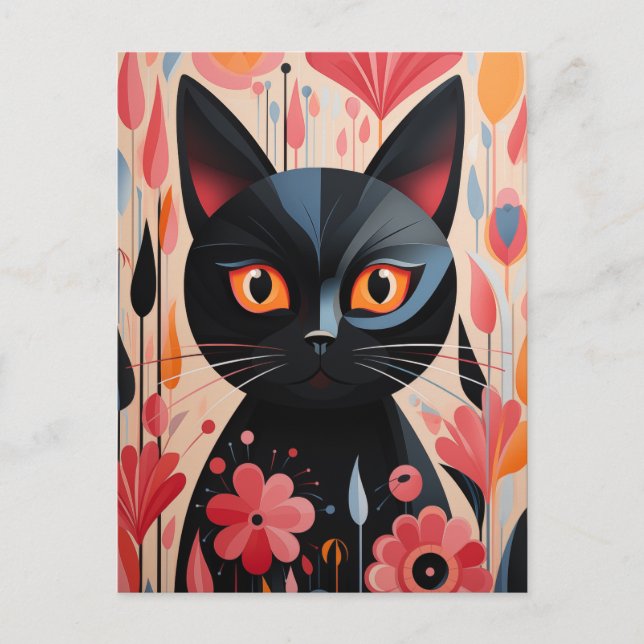Cartão Postal Gato Preto Adorável Com Flores Rosa (Frente)