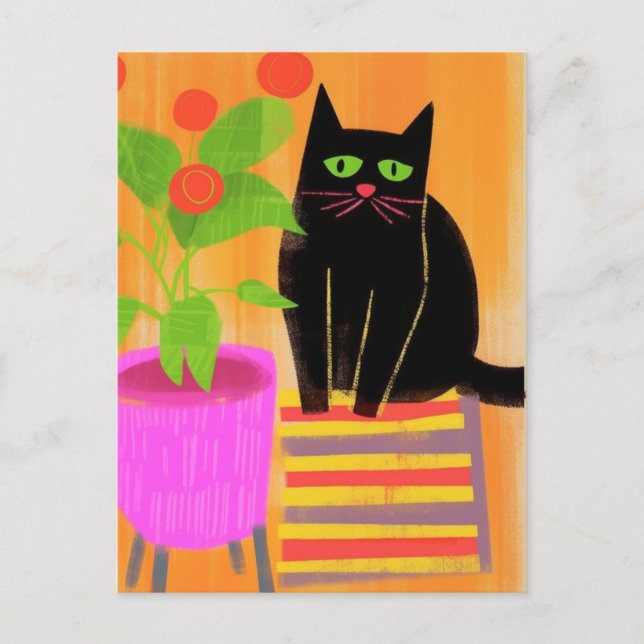 Cartão Postal Gato Preto Adorável Com Plantas Domésticas (Frente)