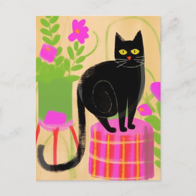 Cartão Postal Gato Preto Adorável Com Plantas Domésticas (Frente)