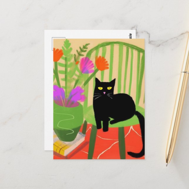 Cartão Postal Gato Preto Adorável numa Cadeira Verde (Frente/Verso In Situ)